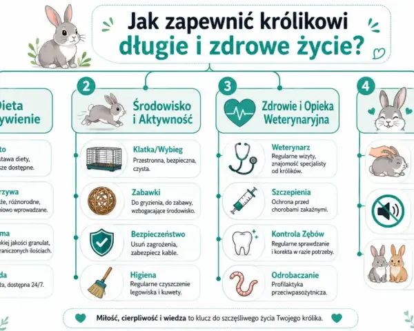 Ilustracja pokazuje, jak zapewnić królikowi długie i zdrowe życie. Kluczowe są: dieta, środowisko, zdrowie i relacje.
