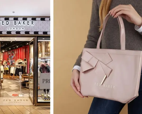 Sklep Ted Baker London. Elegancka, różowa torba z kokardą i logo marki. Ted Baker co to za firma? Brytyjska marka odzieżowa.
