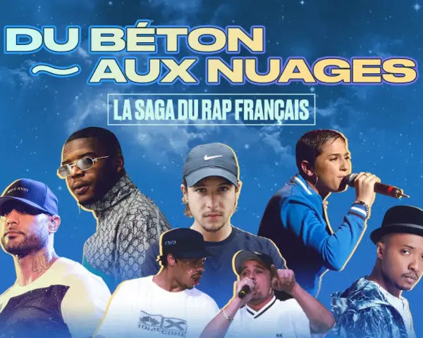 La saga du rap français : des artistes emblématiques comme Booba, Damso, et d'autres, réunis sous un ciel étoilé.