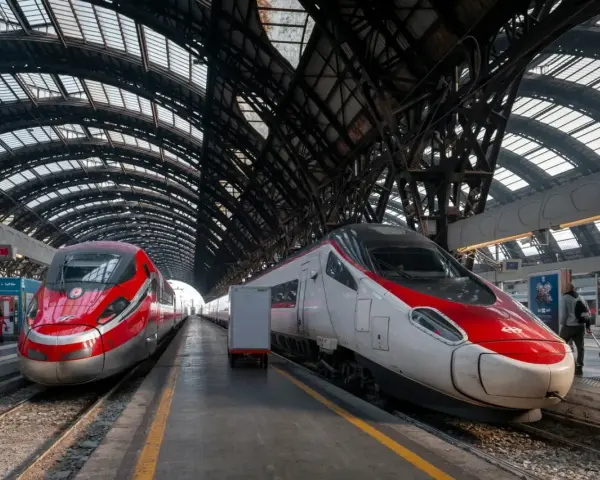 Dwa nowoczesne pociągi, w tym najszybszy pociąg w Europie, stoją na peronie pod imponującą, metalową konstrukcją dachu dworca.