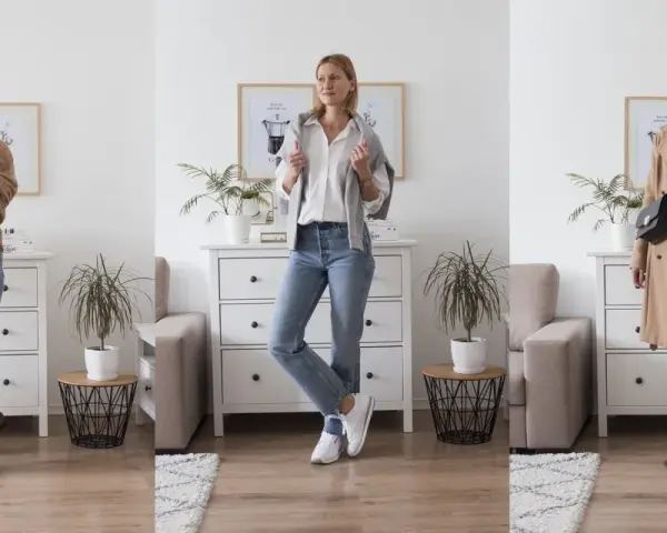 Kobieta prezentuje trzy różne propozycje stylu ubioru: sweter i jeansy, białą koszulę i jeansy, oraz płaszcz i białe spodnie.
