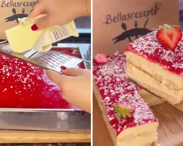 Ein leckerer Kuchen wird zubereitet. Butter wird über eine rote Masse gerieben, die an Spaghetti-Eis erinnert. Fertige Kuchenstücke mit Erdbeeren und Kokosraspeln sind zu sehen.