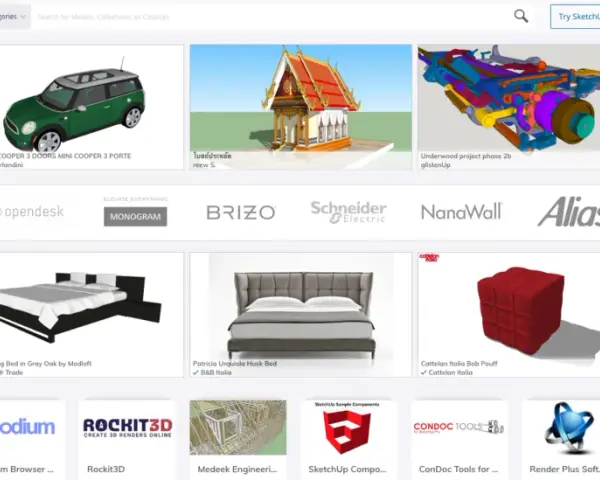 Modele 3d SketchUp: łódź rybacka, zielony Mini Cooper, świątynia, mechanizm, zbiorniki przemysłowe, meble i inne.