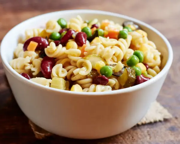 Una ciotola di pasta fredda con fagioli rossi, piselli, mais e cetriolini. Un piatto estivo perfetto.