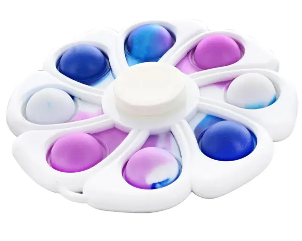 En vit fidget spinner pop it med åtta bubblor i blått, lila och vitt.