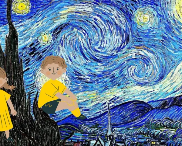 Dzieci w żółtych strojach na tle Gwieździstej Nocy, jak w muzeum Van Gogha w Amsterdamie.