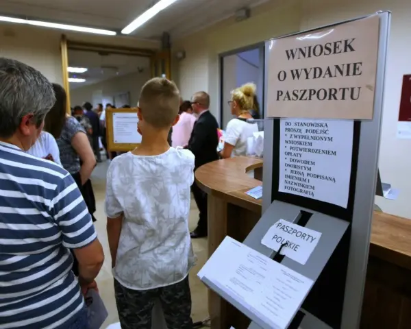 Kolejka do biura paszportowego w Opolu. Ludzie czekają na złożenie wniosku o wydanie paszportu.