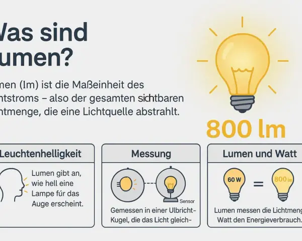 Lumen (lm) misst die Lichtmenge, die eine Lampe abstrahlt. 800 lm bedeuten, dass die Lampe hell ist.