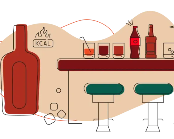 Ilustracja przedstawia bar z butelką whisky i napojami. Obok butelki symbol płomieni i napis "KCAL" sugerują, ile kalorii ma whisky.