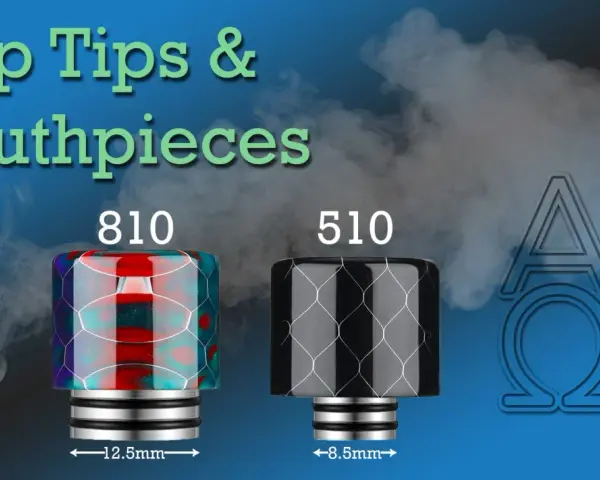 Dos boquillas de vapeo, una 810 multicolor y otra 510 negra, con vapor de fondo. Accesorios drip para personalizar tu experiencia.