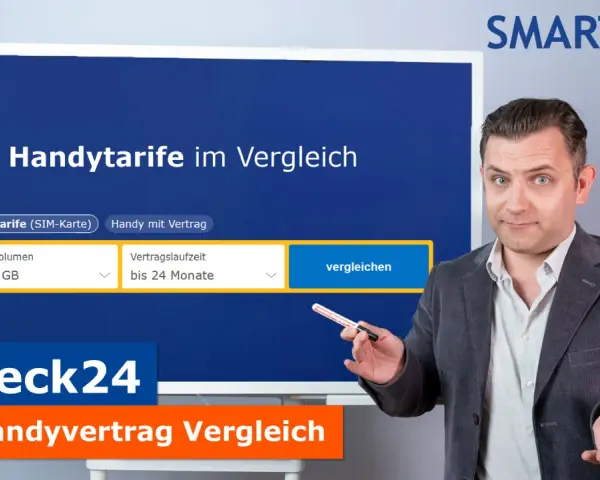 Mann mit Gesten vor Bildschirm mit Handyvergleich-Tool von Check24 und Smartweb-Logo.
