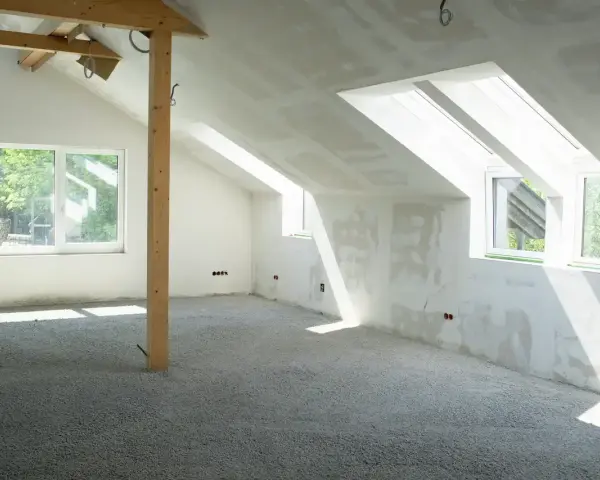 Sottotetto in costruzione con pareti in cartongesso e un pavimento in materiale granulare, pronto per essere calpestabile.