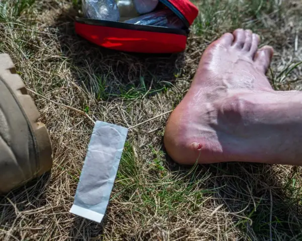 Un pansement à portée de main pour éviter les ampoules au pied. Une trousse de premiers secours rouge est visible.