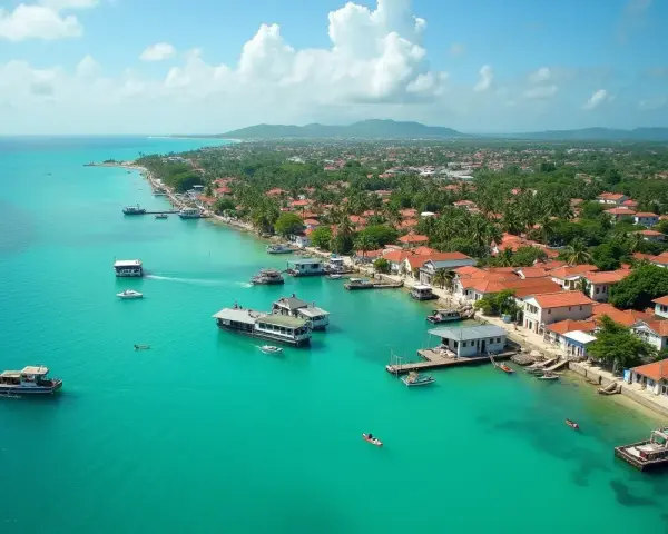 Turkusowa woda, łodzie i domy z czerwonymi dachami tworzą malowniczy widok. Czy Zanzibar to kraj? To archipelag, który jest częścią Tanzanii.