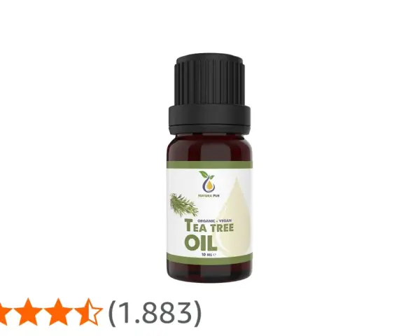 Flacone di tea tree oil, ideale per combattere le macchie del viso. Valutazione 4,5 stelle.