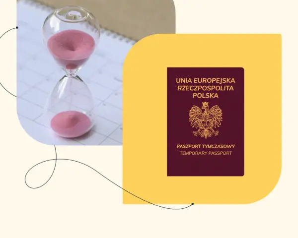 Klepsydra symbolizuje czas oczekiwania na paszport.