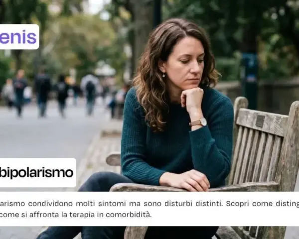Donna pensierosa su una panchina, con testo su ADHD e bipolarismo.