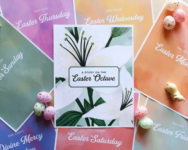 A study on the Easter Octave, featuring daily readings from Easter Sunday to Divine Mercy Sunday, surrounded by pastel-colored papers and decorative eggs.