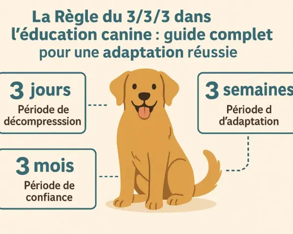 Un chien heureux illustre la règle du 3/3/3 pour l'éducation canine : 3 jours de décompression, 3 semaines d'adaptation, 3 mois de confiance.