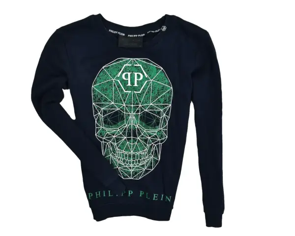 Granatowa bluza Philipp Plein z geometryczną, zieloną czaszką i logo marki.
