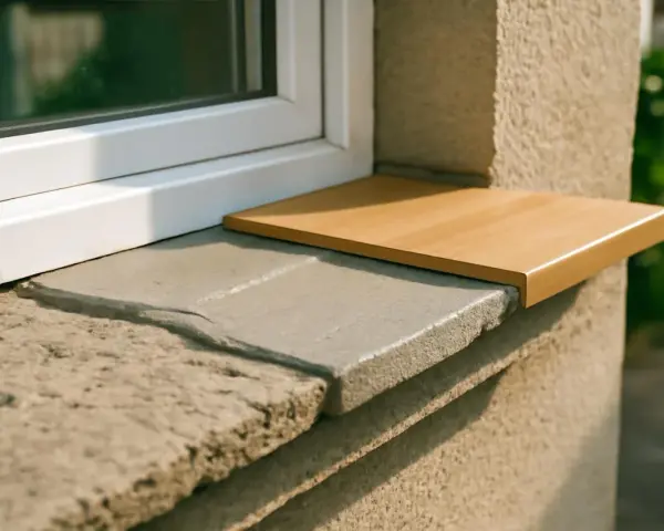 Un appui de fenêtre extérieur en pierre grise avec une nouvelle tablette en bois clair. Idéal pour nettoyer et embellir.