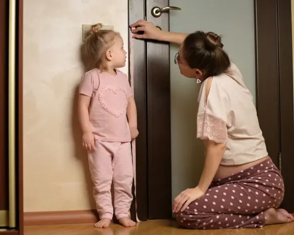 Mama mierzy wzrost dziecka przy drzwiach, sprawdzając, co na wzrost u dziecka.