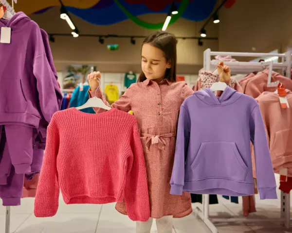 Dziewczynka wybiera ubrania. Czy ten różowy sweterek lub fioletowa bluza to dobry rozmiar dla 7-8 latka?