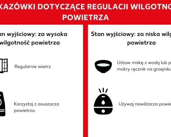Jak zwiekszyc wilgotnosc w domu? Porady: miska z wodą na grzejniku lub nawilżacz powietrza.