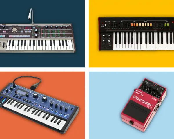 Syntezatory i efekt vocoder. Jeden z nich to talk box, który pozwala na modulowanie dźwięku głosem.
