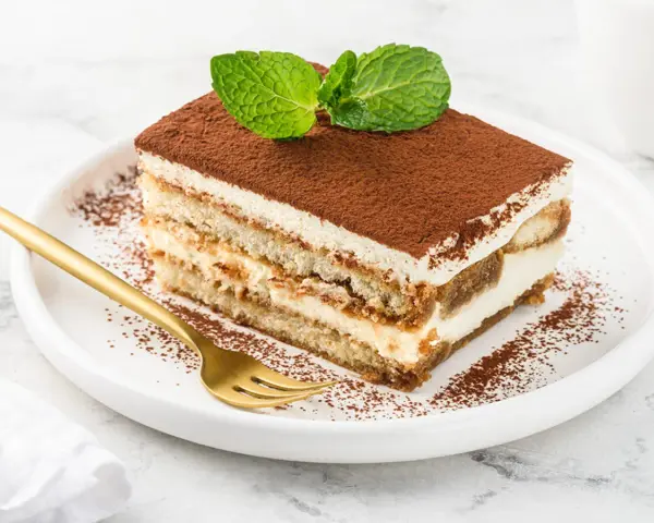 Pyszne tiramisu z mascarpone i śmietaną, posypane kakao i ozdobione miętą. Złoty widelec czeka na pierwszy kęs.