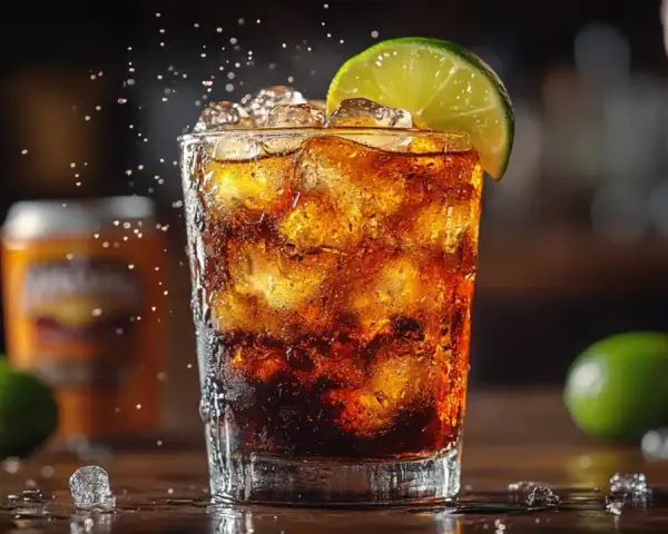 Szklanka z Cuba Libre, lodem i plasterkiem limonki, w tle butelka i puszka.