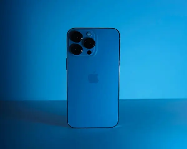 Elegancki iPhone 13 granatowy z potrójnym aparatem, lśniącym na tle niebieskiego światła.
