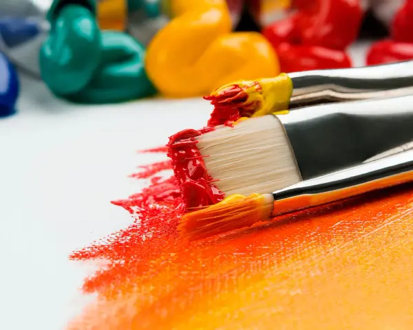 Des pinceaux chargés de peinture rouge et jaune créent une traînée vibrante sur une toile blanche. La question est : peut-on peindre directement sur une toile ? Oui !