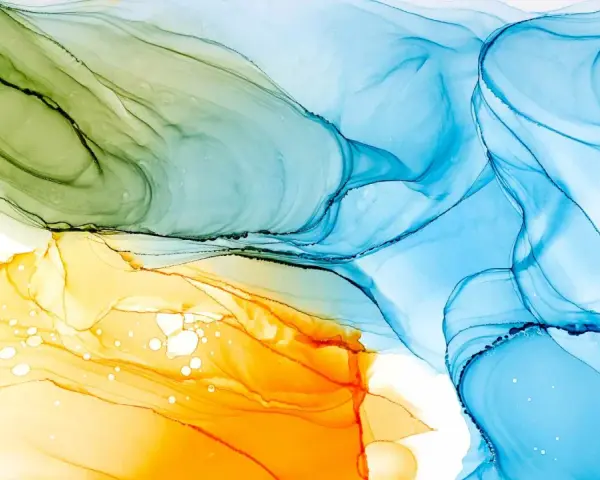 Dessin à l'encre abstrait aux couleurs vives : des volutes vertes, bleues et jaunes se mélangent, évoquant des vagues ou des nuages.