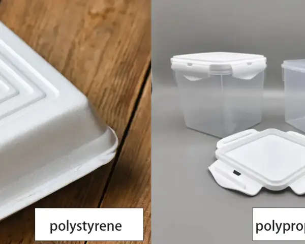 A white polystyrene container on wood contrasts with clear polypropylene food storage containers.