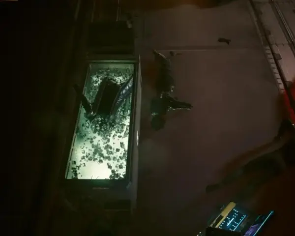 W szklanej kapsule leży ciało, obok wiszą inne. To mroczny obraz cyberpunk czynnik ludzki.