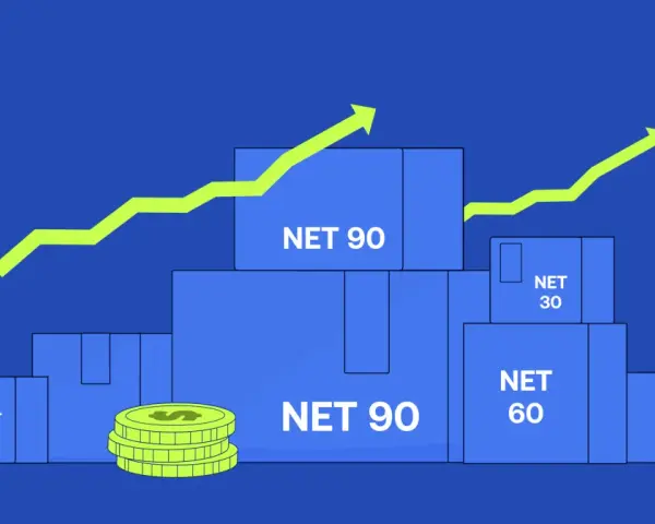 Blue boxes labeled "NET 90", "NET 60", and "NET 30" are stacked, with coins and upward trending arrows suggesting financial growth.