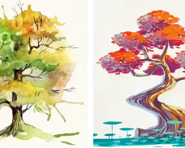 Comparaison visuelle : à gauche, un arbre aux teintes vertes et jaunes, style aquarelle. À droite, un arbre aux couleurs vives, style acrylique.