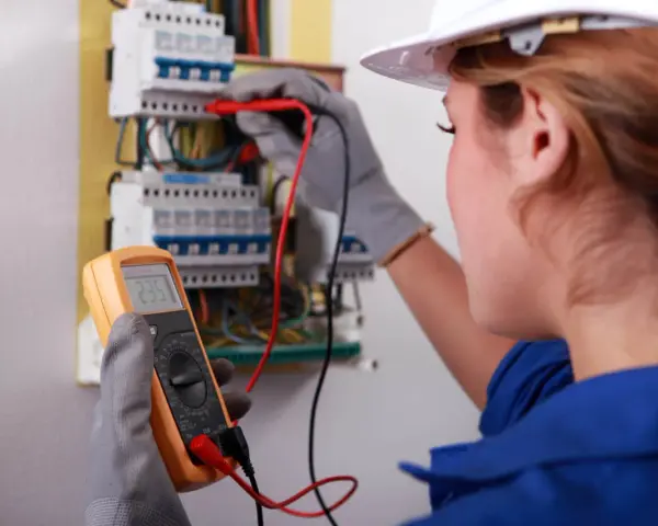 Elektryk wykonuje pomiary elektryczne w domu jednorodzinnym, używając multimetru do sprawdzenia instalacji.