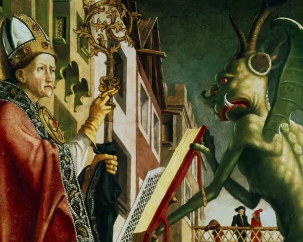 Bischof mit Stab und Schlüssel konfrontiert einen grünen Teufel, der ein Buch hält. Lukas 10,18: "Ich sah den Satan wie einen Blitz vom Himmel fallen.