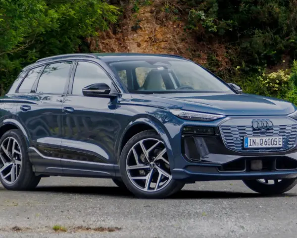 Elegancki, ciemnoniebieski Audi Q6 e-tron stoi na tle zieleni.
