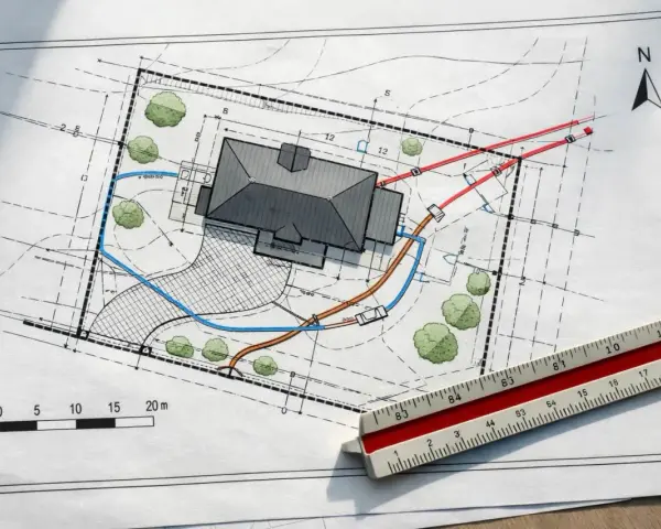 Projekt zagospodarowania terenu z domem, drzewami i zaznaczonymi instalacjami. Skala i linijka wskazują na precyzyjne planowanie.