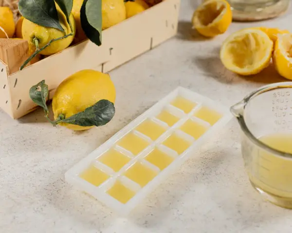 Frische Zitronen und eine Eiswürfelform gefüllt mit Zitronensaft zeigen, dass man Zitronen einfrieren kann.