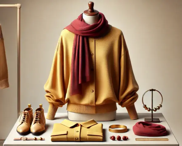 Elegancka stylizacja w odcieniu **kolor musztardowy**: sweter, koszula, buty i płaszcz. Uzupełniają ją bordowy szalik i złota biżuteria.