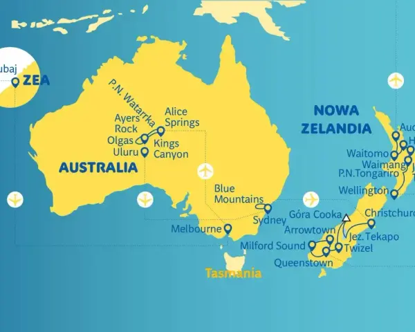 Mapa pokazuje, gdzie leży Australia, z zaznaczonymi atrakcjami jak Uluru i Sydney, oraz Nową Zelandię.