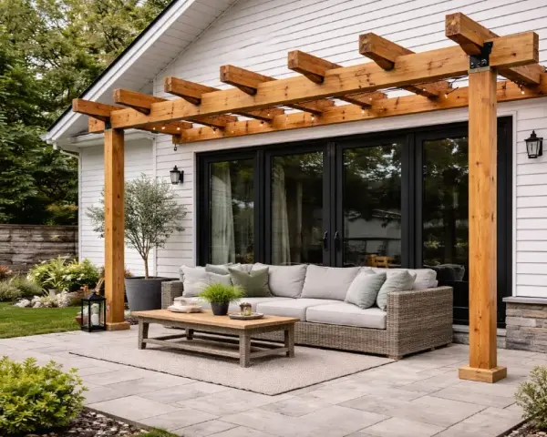 En mysig uteplats med en vacker träpergola med tak, soffgrupp och kaffebord. Perfekt för att bygga pergola med tak och njuta av sommaren.