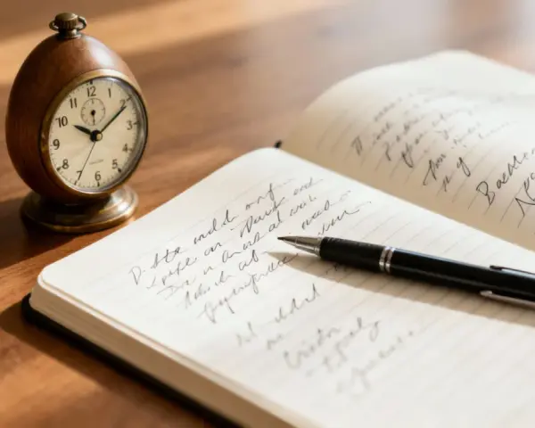 Reloj de mesa y cuaderno abierto con bolígrafo, ideal para ejercicios de escritura para adultos.