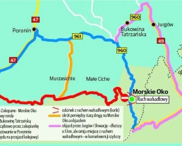 Mapa pokazuje jak dojechać do Morskiego Oka z Zakopanego. Wskazuje objazdy i odcinki z ruchem wahadłowym.