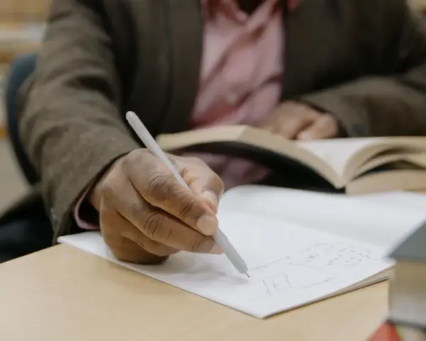 Osoba pisze ręcznie notatki w zeszycie, przygotowując list motywacyjny erasmus. W tle widać otwartą książkę.