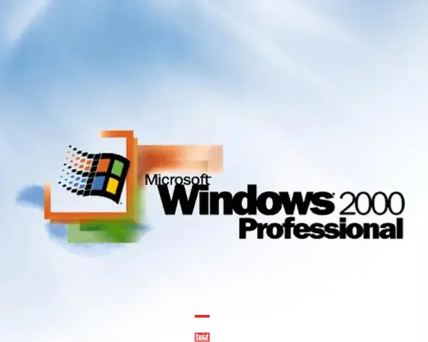 Logo Microsoft Windows 2000 Professional na tle błękitnego nieba z chmurami.